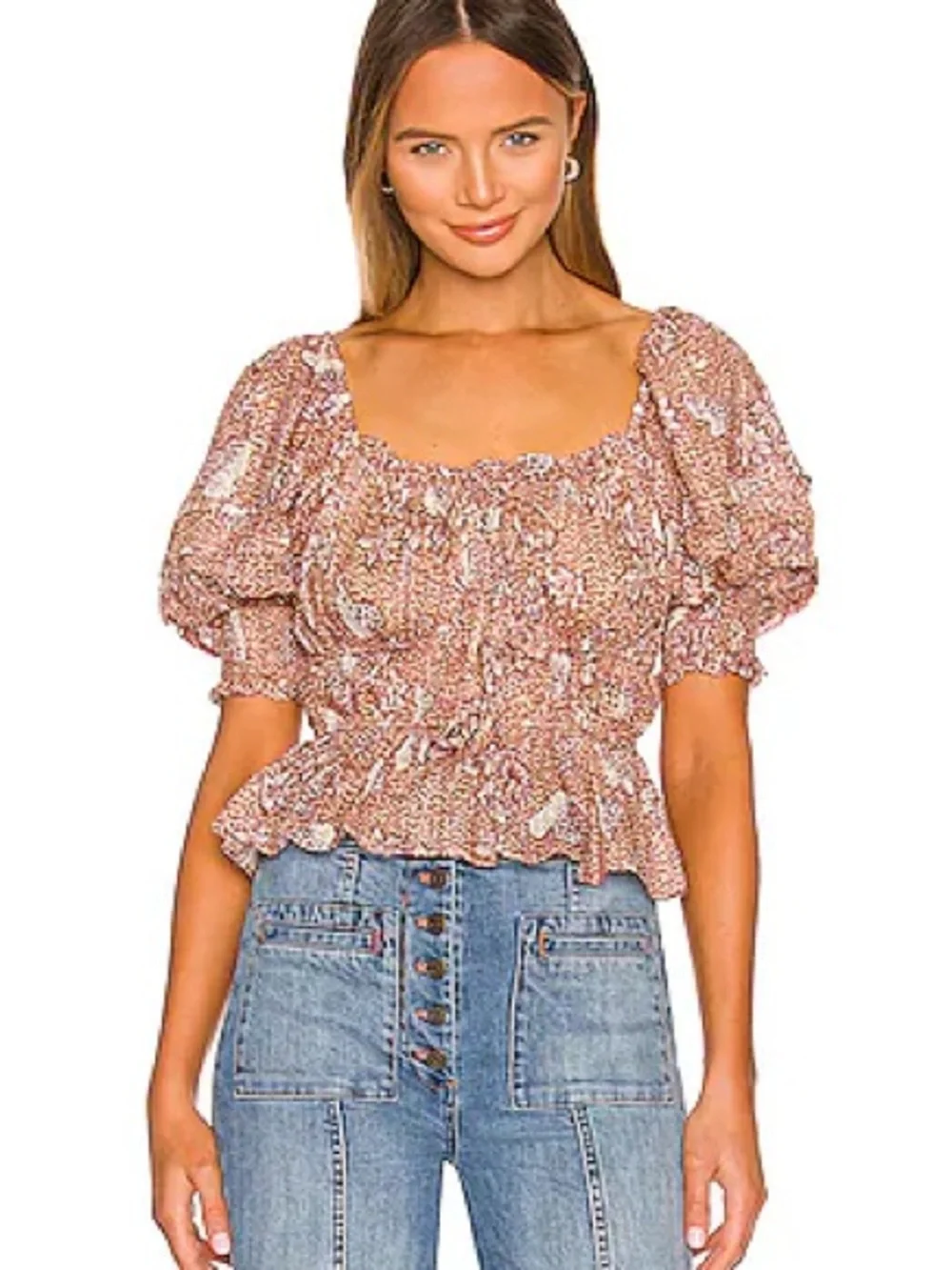 Ulla Johnson Floral Smocked Peplum Puff-Sleeve Top in Dusty Pink